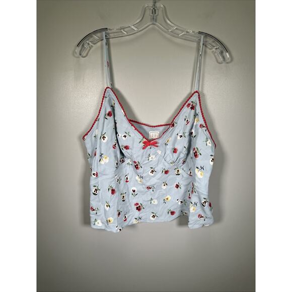 Gap x Doen Cropped Cami Womens XL Dublin Blue Floral Print Y2K Satin Preppy - Picture 1 of 7